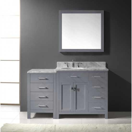 Caroline Parkway 57" Single Bath Vanity in Gray with White Marble Top and Round Sink with Polished Chrome Faucet and Mirror