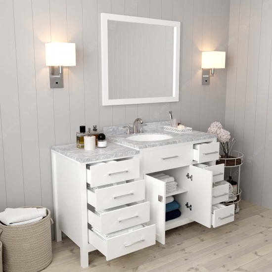 Caroline Parkway 57" Single Bath Vanity in White with White Marble Top and Round Sink with Polished Chrome Faucet and Mirror