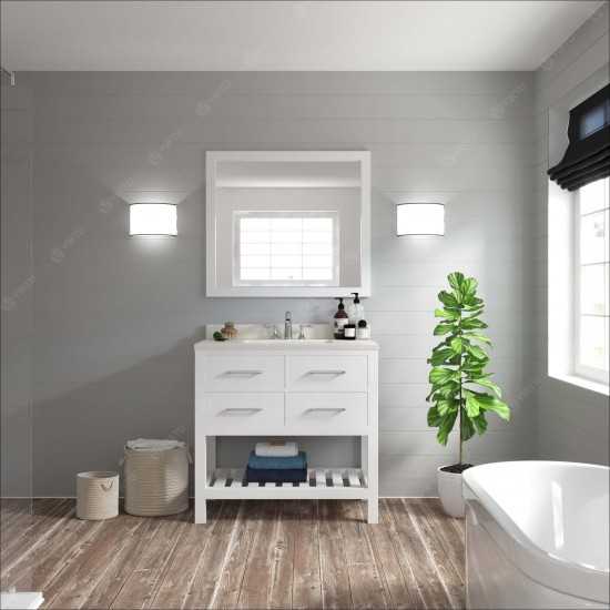 Caroline Estate 36" Single Bath Vanity in White with White Quartz Top and Round Sink and Matching Mirrors