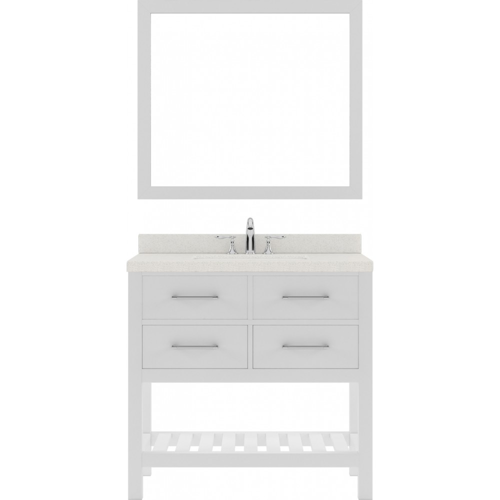Caroline Estate 36" Single Bath Vanity in White with White Quartz Top and Round Sink with Brushed Nickel Faucet and Mirrors