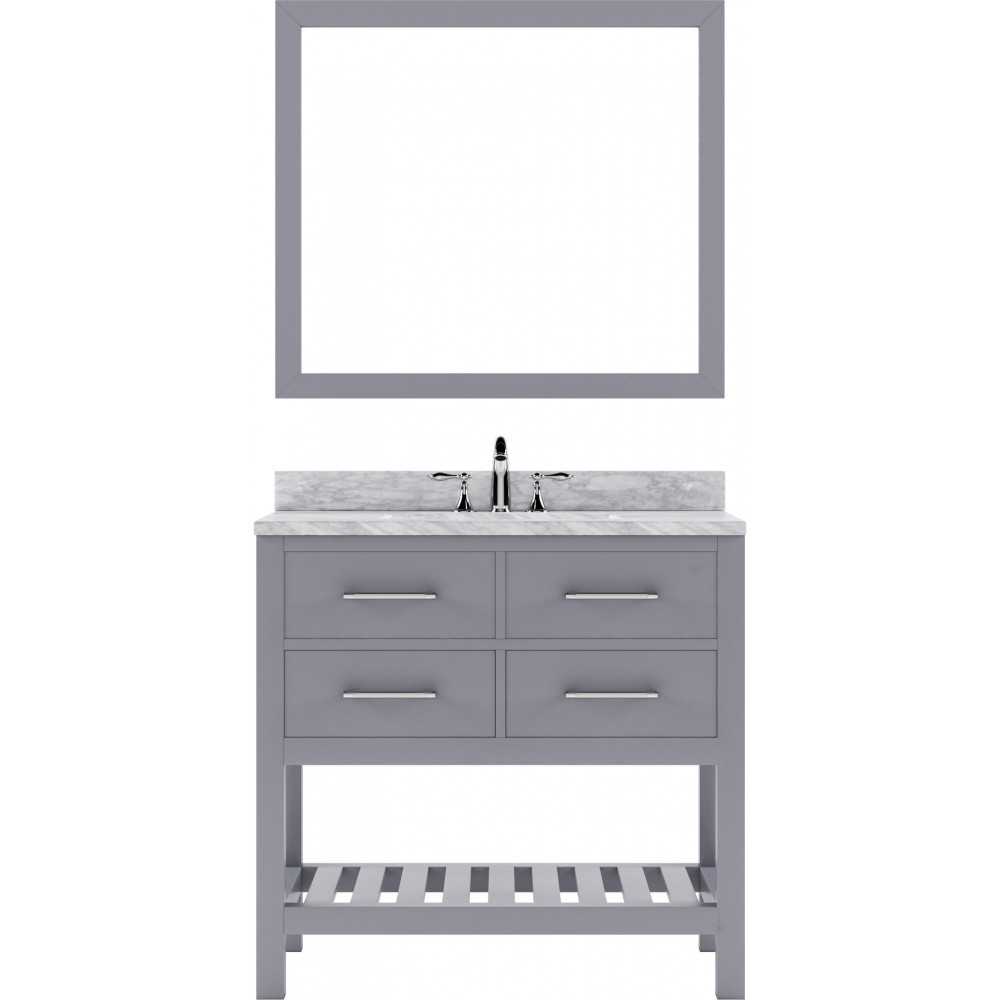 Caroline Estate 36" Single Bath Vanity in Gray with White Marble Top and Round Sink with Brushed Nickel Faucet and Mirrors