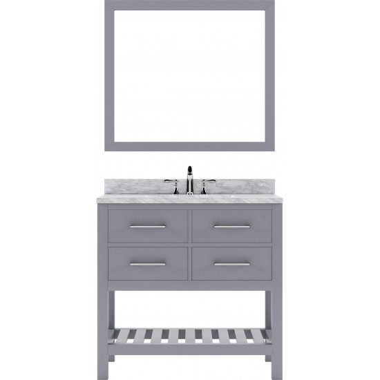 Caroline Estate 36" Single Bath Vanity in Gray with White Marble Top and Round Sink with Polished Chrome Faucet and Mirrors