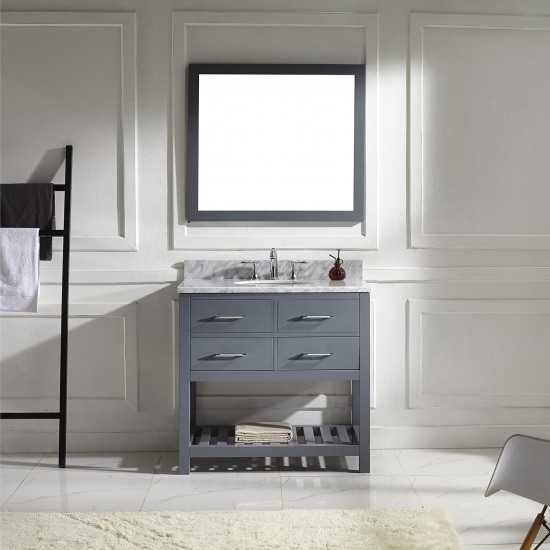 Caroline Estate 36" Single Bath Vanity in Gray with White Marble Top and Round Sink with Polished Chrome Faucet and Mirrors