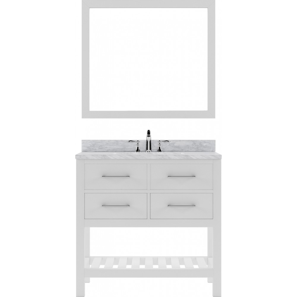 Caroline Estate 36" Single Bath Vanity in White with White Marble Top and Round Sink and Matching Mirrors