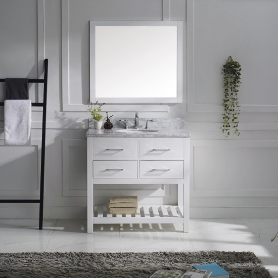 Caroline Estate 36" Single Bath Vanity in White with White Marble Top and Round Sink with Polished Chrome Faucet and Mirrors