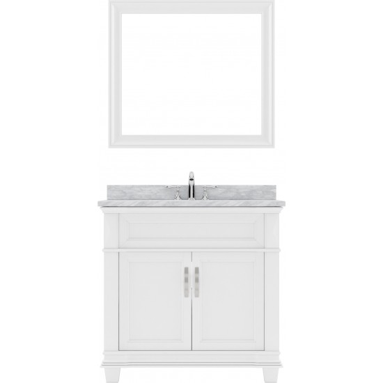 Victoria 36" Single Bath Vanity in White with White Marble Top and Round Sink and Matching Mirror