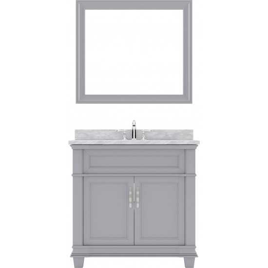 Victoria 36" Single Bath Vanity in Gray with White Marble Top and Square Sink and Matching Mirror