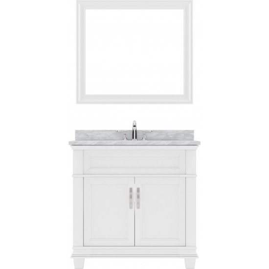 Victoria 36" Single Bath Vanity in White with White Marble Top and Square Sink with Polished Chrome Faucet and Matching Mirro