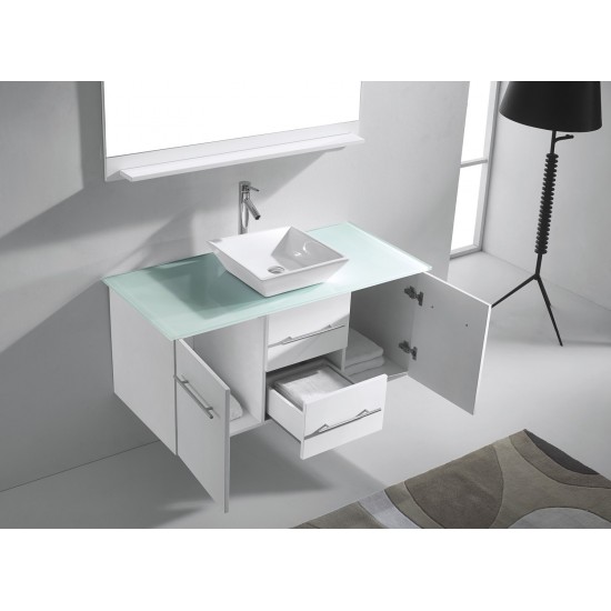 Marsala 48" Single Bath Vanity in White with Clear Glass Top and Square Sink and Matching Mirror