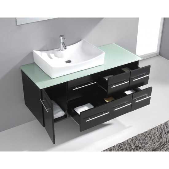 Ceanna 55" Single Bath Vanity in Espresso with Green Glass Top and Square Sink and Matching Mirror