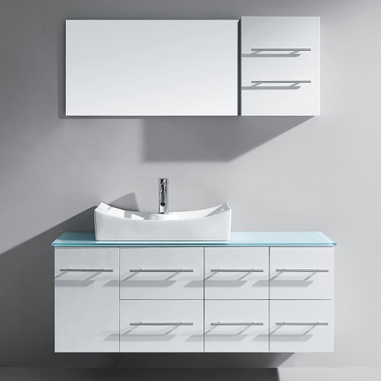 Ceanna 55" Single Bath Vanity in White with Green Glass Top and Square Sink and Matching Mirror