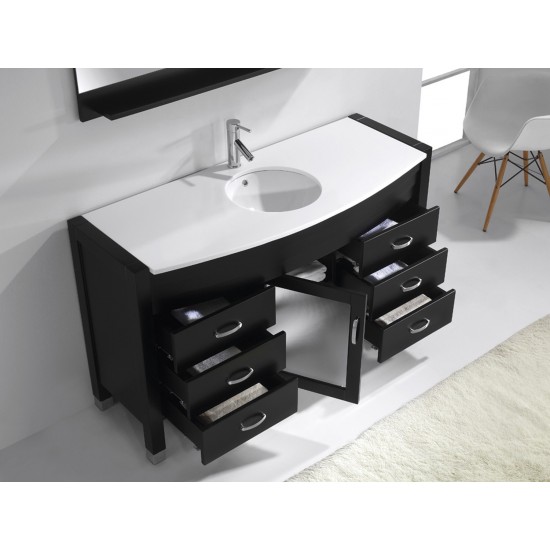 Ava 55" Single Bath Vanity in Espresso with White Engineered Stone Top and Round Sink and Matching Mirror