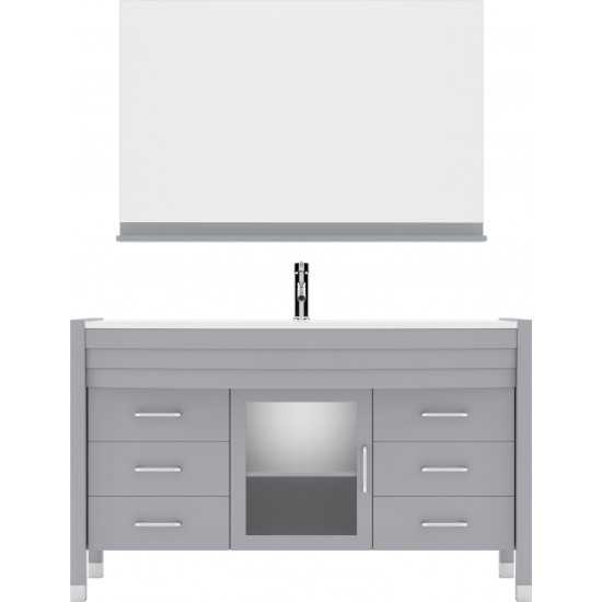 Ava 55" Single Bath Vanity in Gray with White Engineered Stone Top and Round Sink and Matching Mirror