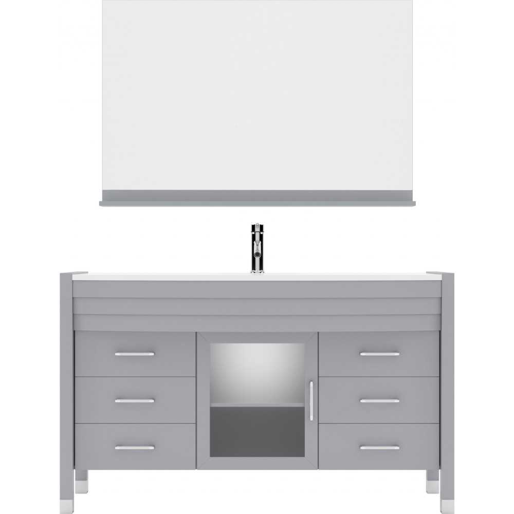 Ava 55" Single Bath Vanity in Gray with White Engineered Stone Top and Round Sink and Matching Mirror