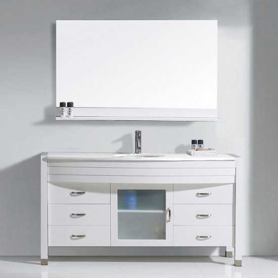 Ava 55" Single Bath Vanity in White with White Engineered Stone Top and Round Sink and Matching Mirror