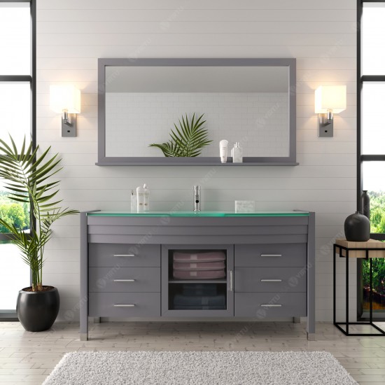 Ava 61" Single Bath Vanity in Gray with Green Glass Top and Matching Mirror