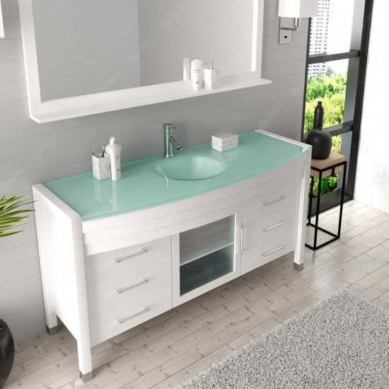 Ava 61" Single Bath Vanity in White with Green Glass Top and Matching Mirror