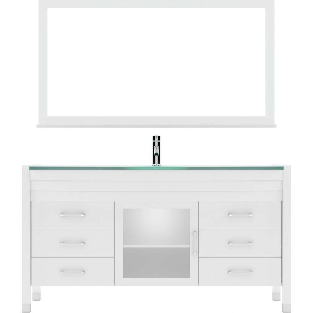 Ava 61" Single Bath Vanity in White with Green Glass Top with Brushed Nickel Faucet and Matching Mirror