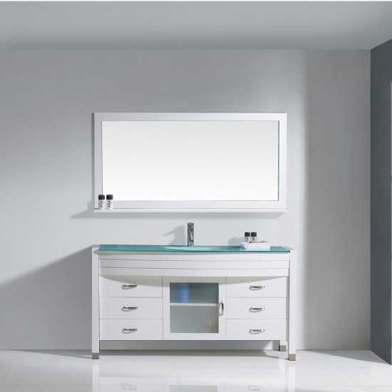 Ava 61" Single Bath Vanity in White with Green Glass Top with Brushed Nickel Faucet and Matching Mirror