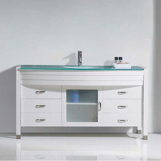 Ava 61" Single Bath Vanity in White with Green Glass Top