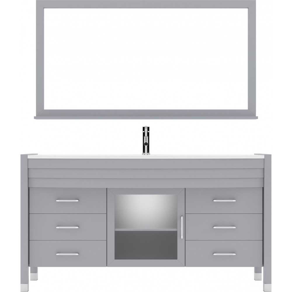 Ava 61" Single Bath Vanity in Gray with White Engineered Stone Top and Round Sink and Matching Mirror