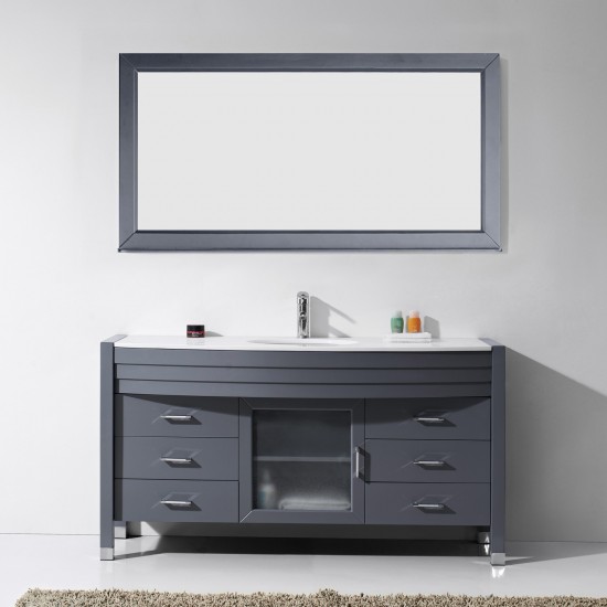 Ava 61" Single Bath Vanity in Gray with White Engineered Stone Top and Round Sink and Matching Mirror