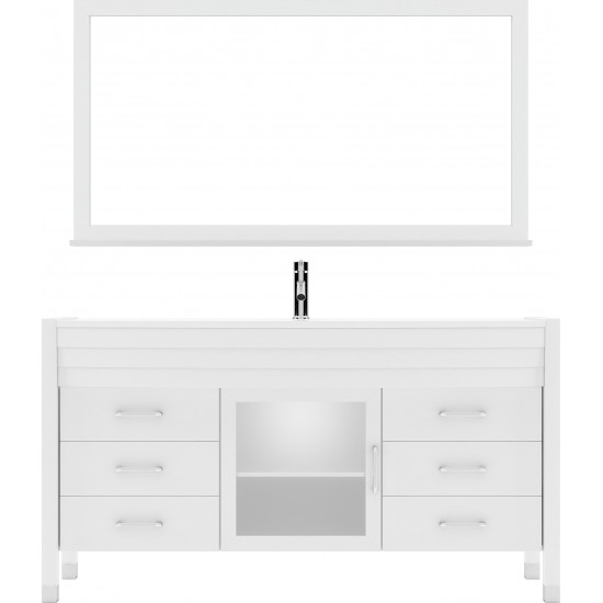 Ava 61" Single Bath Vanity in White with White Engineered Stone Top and Round Sink with Brushed Nickel Faucet and Mirror