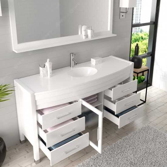 Ava 61" Single Bath Vanity in White with White Engineered Stone Top and Round Sink with Brushed Nickel Faucet and Mirror