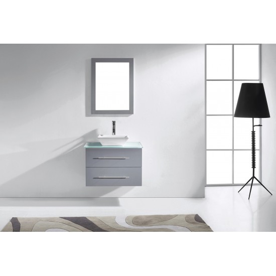 Marsala 29" Single Bath Vanity in Gray with Green Glass Top and Square Sink and Matching Mirror