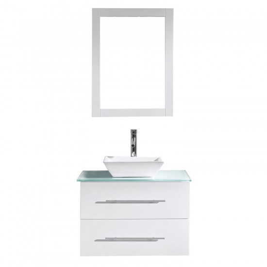 Marsala 29" Single Bath Vanity in White with Green Glass Top and Square Sink and Matching Mirror