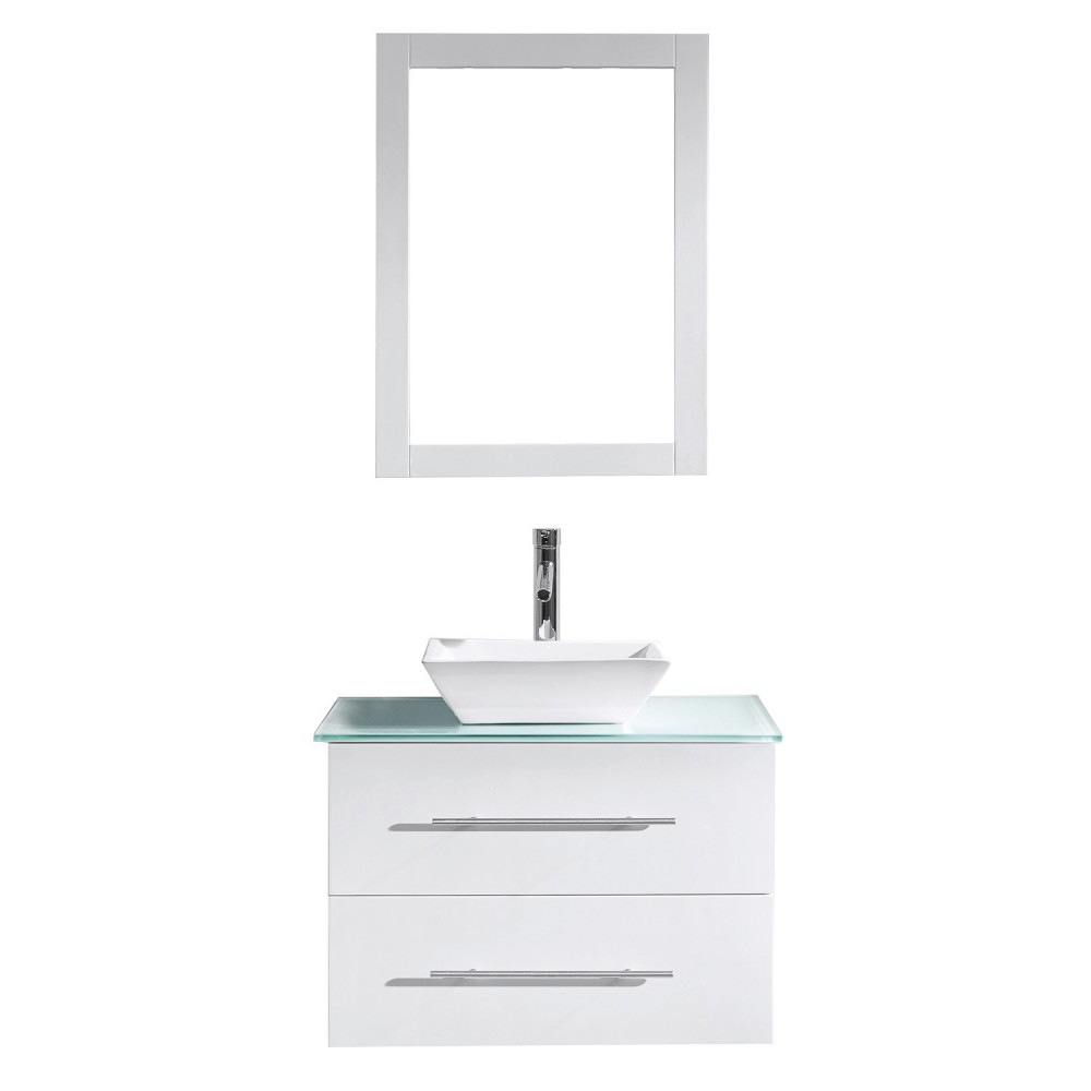 Marsala 29" Single Bath Vanity in White with Green Glass Top and Square Sink and Matching Mirror