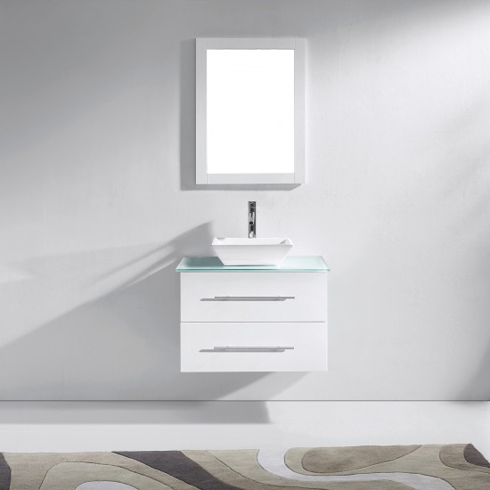 Marsala 29" Single Bath Vanity in White with Green Glass Top and Square Sink and Matching Mirror