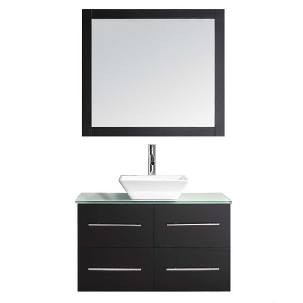 Marsala 35" Single Bath Vanity in Espresso with Clear Glass Top and Square Sink and Matching Mirror