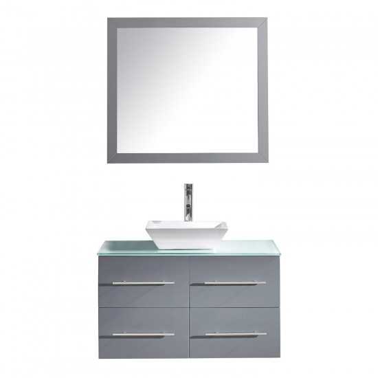 Marsala 35" Single Bath Vanity in Gray with Clear Glass Top and Square Sink and Matching Mirror