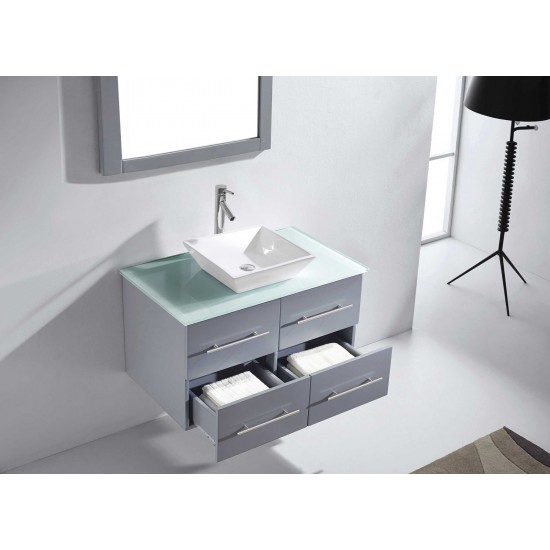 Marsala 35" Single Bath Vanity in Gray with Clear Glass Top and Square Sink and Matching Mirror