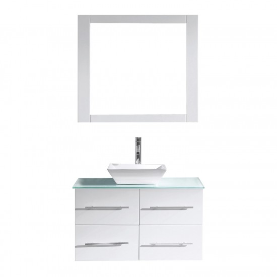 Marsala 35" Single Bath Vanity in White with Clear Glass Top and Square Sink and Matching Mirror