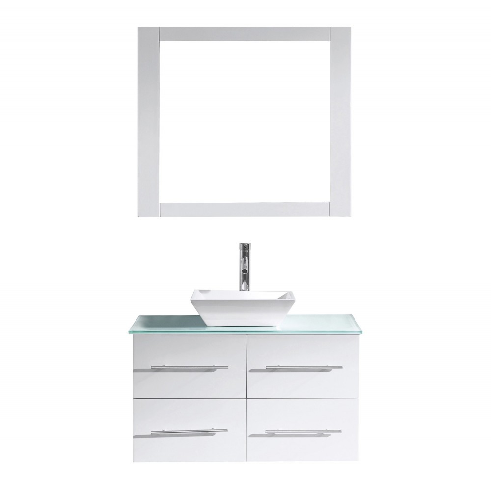 Marsala 35" Single Bath Vanity in White with Clear Glass Top and Square Sink and Matching Mirror