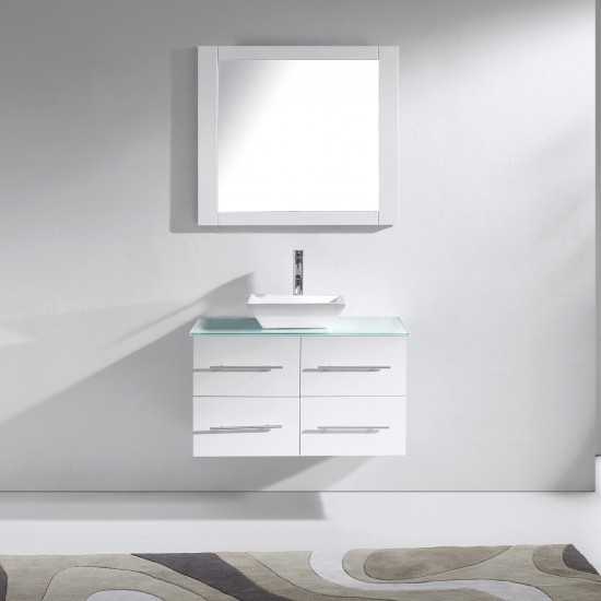 Marsala 35" Single Bath Vanity in White with Clear Glass Top and Square Sink and Matching Mirror