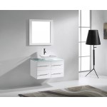 Marsala 35" Single Bath Vanity in White with Clear Glass Top and Square Sink and Matching Mirror