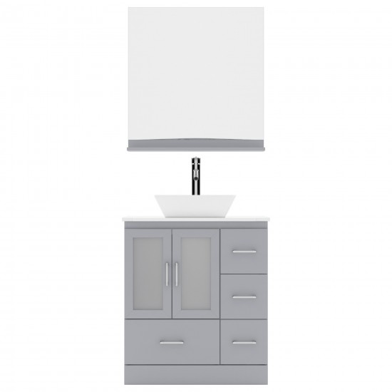 Zola 30" Single Bath Vanity in Gray with White Engineered Stone Top and Square Sink with Brushed Nickel Faucet and Mirror