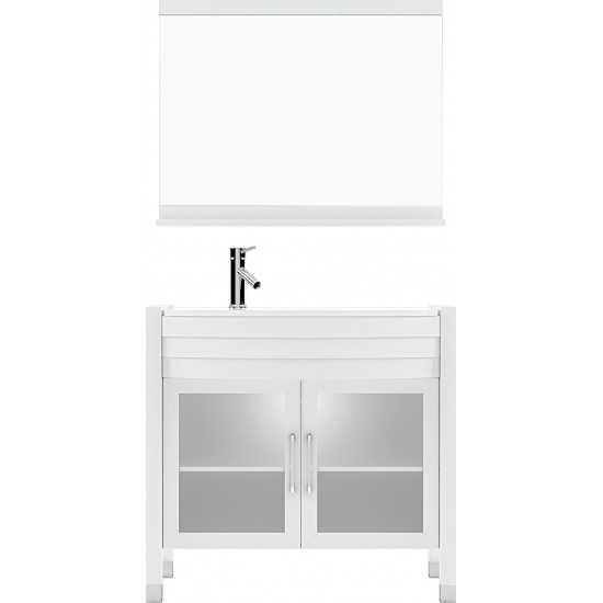 Ava 36" Single Bath Vanity in White with White Engineered Stone Top and Round Sink and Matching Mirror