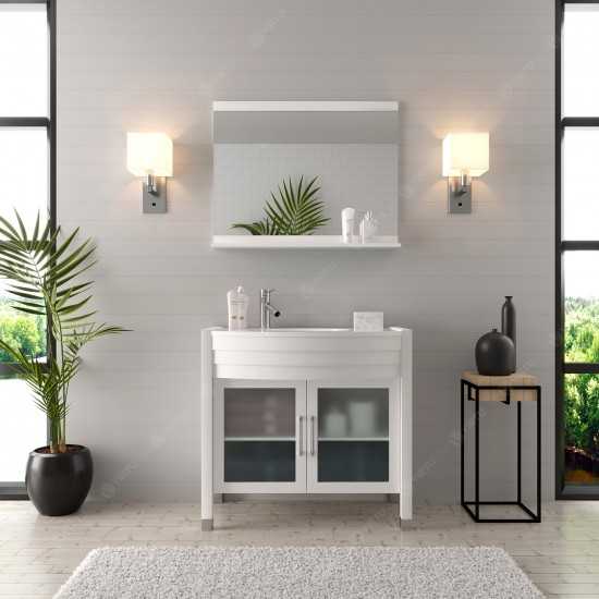 Ava 36" Single Bath Vanity in White with White Engineered Stone Top and Round Sink and Matching Mirror