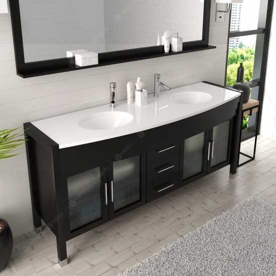 Ava 71" Double Bath Vanity in Espresso with White Engineered Stone Top and Round Sinks and Matching Mirror