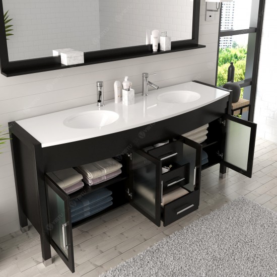 Ava 71" Double Bath Vanity in Espresso with White Engineered Stone Top and Round Sinks and Matching Mirror