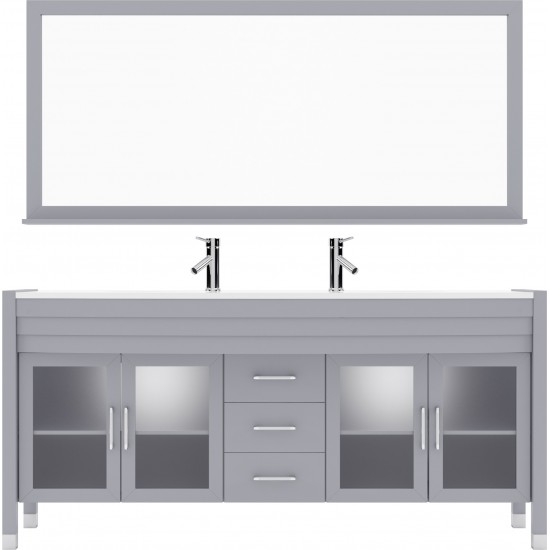 Ava 71" Double Bath Vanity in Gray with White Engineered Stone Top and Round Sinks and Matching Mirror