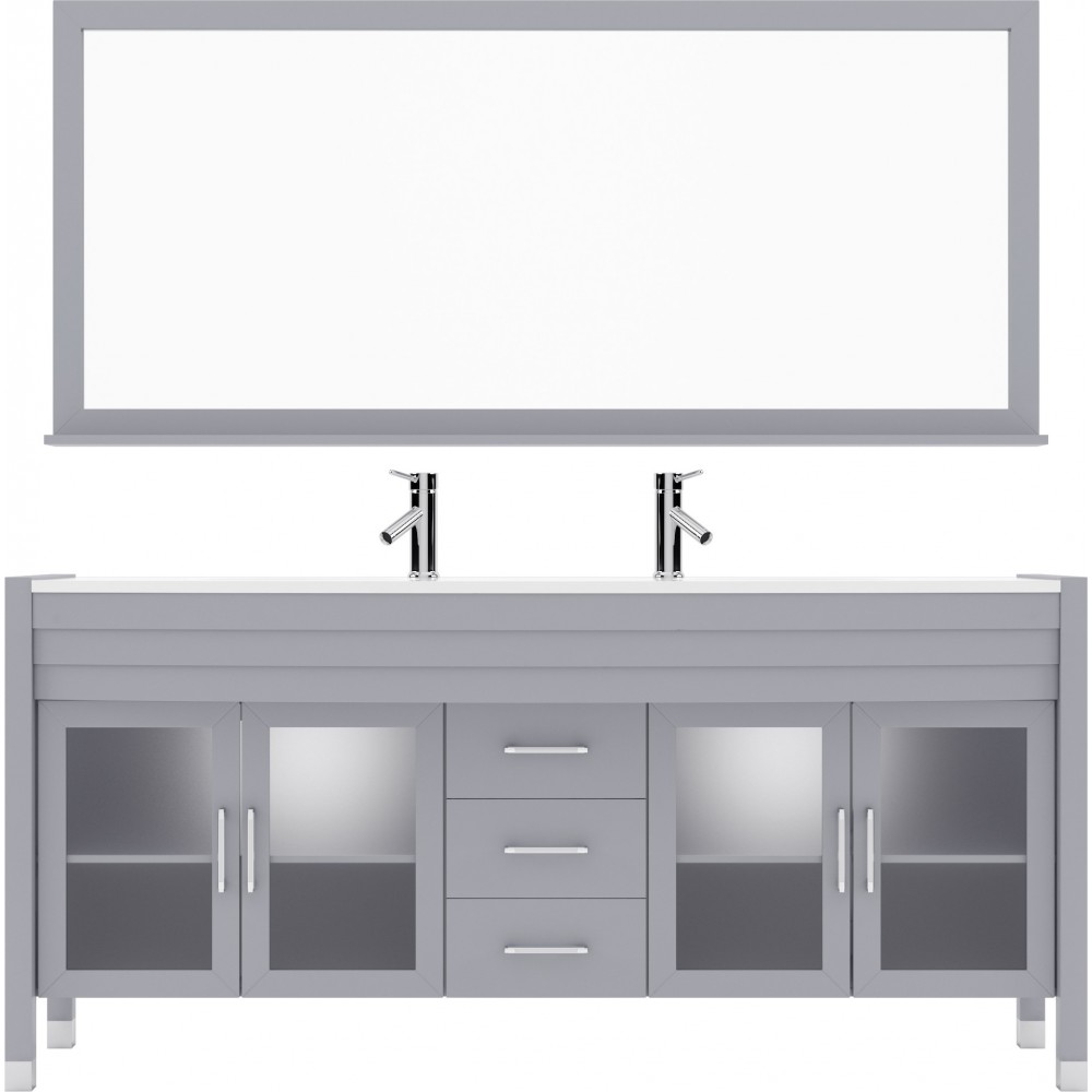 Ava 71" Double Bath Vanity in Gray with White Engineered Stone Top and Round Sinks and Matching Mirror