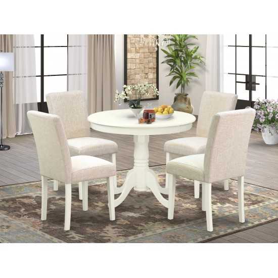 5Pc Round 36" Table And 4 Parson Chair, White Leg And Fabric Light Beige