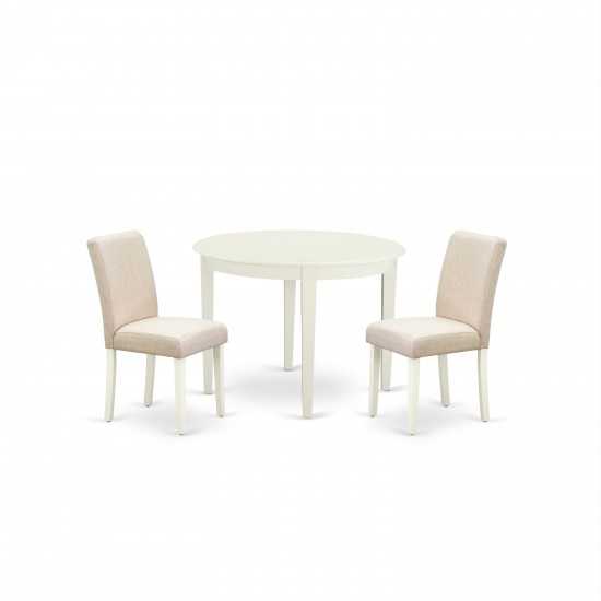 3Pc Round 42" Table And Two Parson Chair, White Leg And Fabric Light Beige