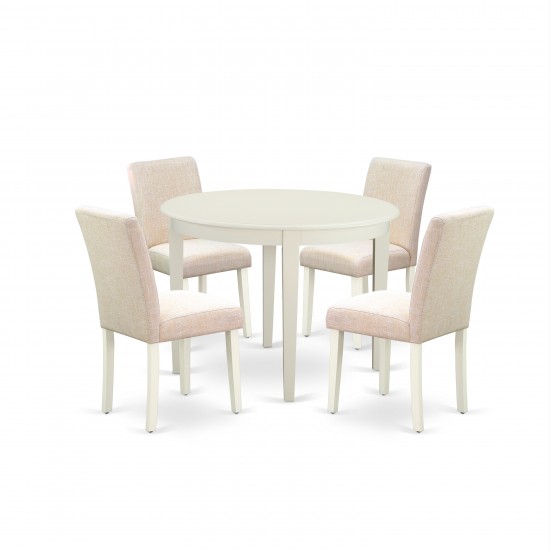 5Pc Round 42" Kitchen Table, Four Parson Chair, White Leg, Fabric Light Beige