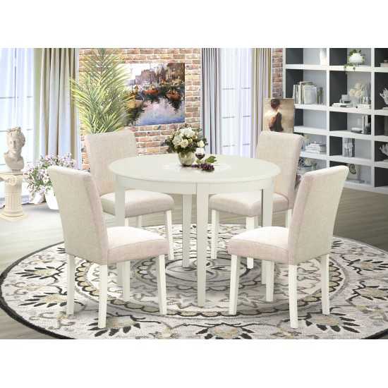5Pc Round 42" Kitchen Table, Four Parson Chair, White Leg, Fabric Light Beige